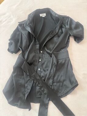 Ally B Black Satin Short-Sleeve Button-Down with Self Tie